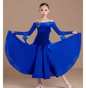 Girls kids royal blue velvet gemstones competition ballroom dance dresses waltz tango performance long gown for Children